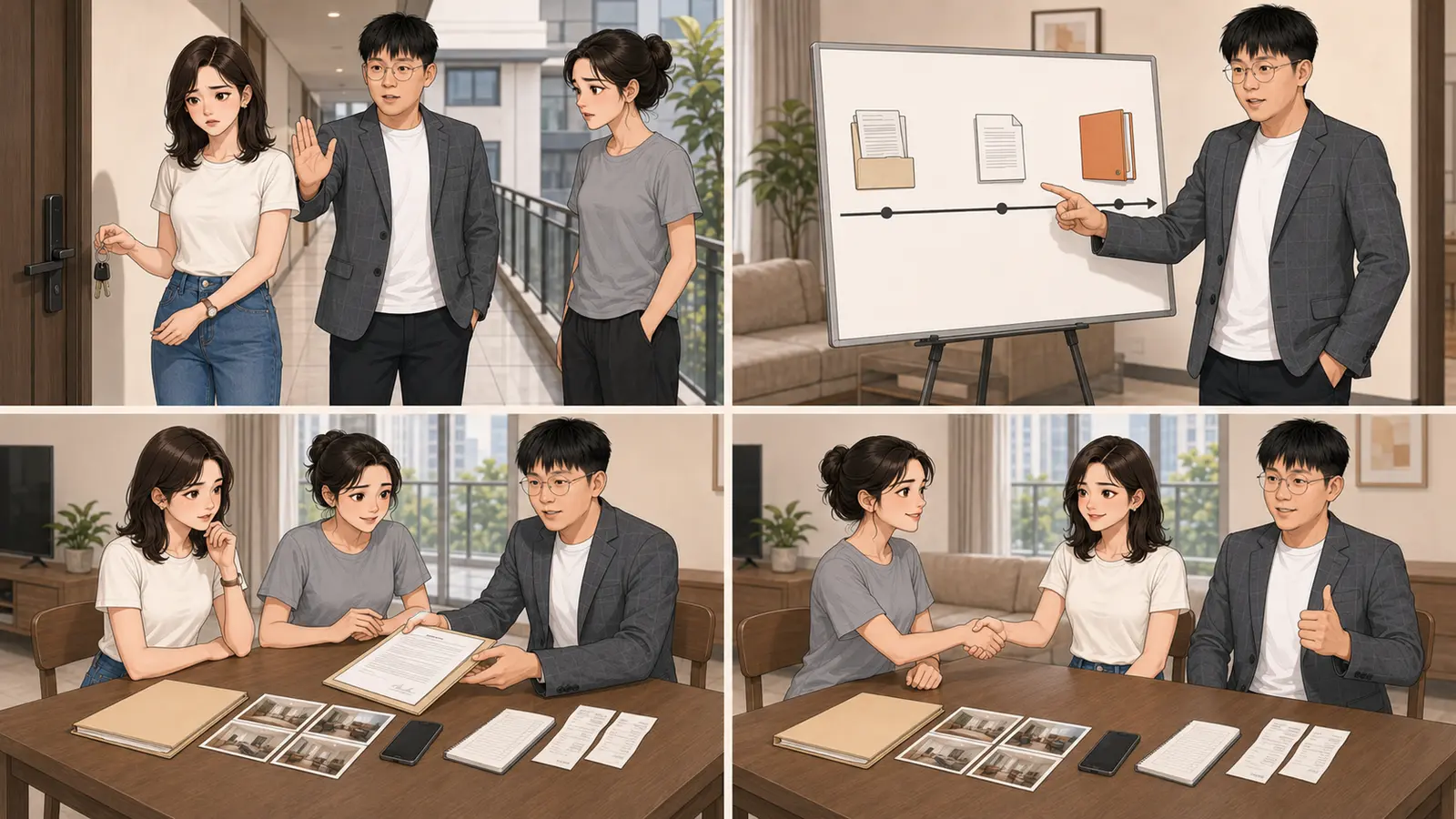 四格漫画：Darren阻止房东自行换锁，解释法案仍在拟定，并建议双方保留租约、照片、付款与维修记录
