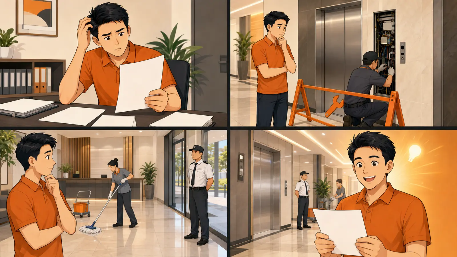 屋主从管理费账单到理解公寓日常管理开支的四格漫画