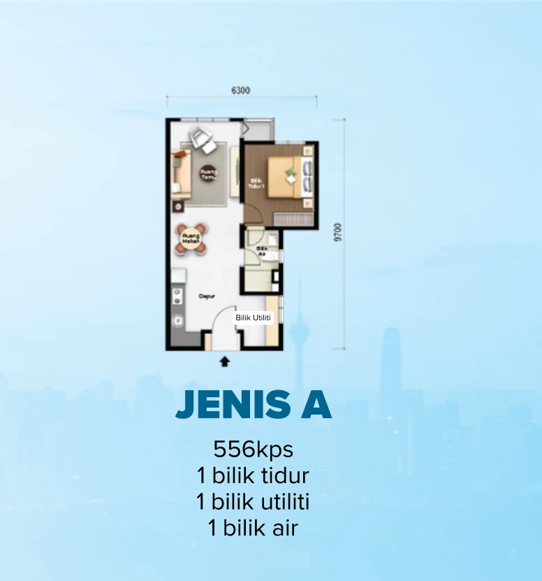 Aurora Residence Jenis A · 556 kps · 1 bilik tidur + 1 bilik utiliti | 1 bilik air
