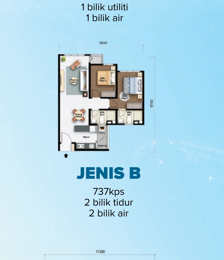 Aurora Residence Jenis B · 737 kps · 2 bilik tidur | 2 bilik air