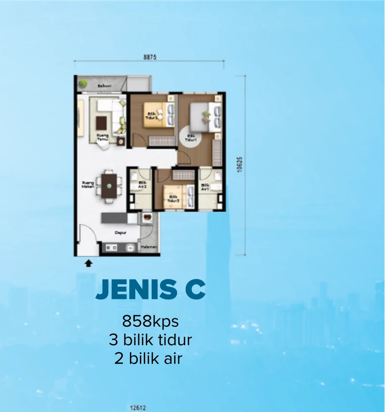 Aurora Residence Jenis C · 858 kps · 3 bilik tidur | 2 bilik air
