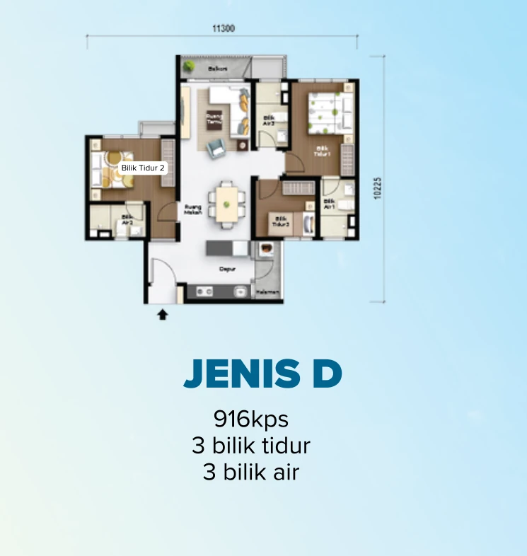 Aurora Residence Jenis D · 916 kps · 3 bilik tidur | 3 bilik air