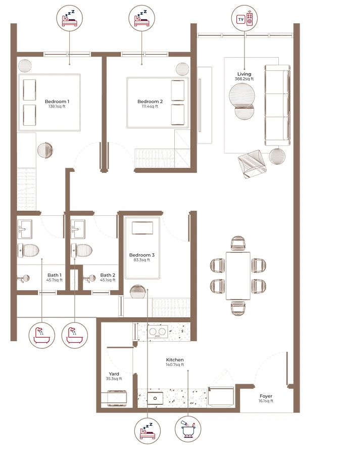 London Pavilion Type A - Furnished layout illustration