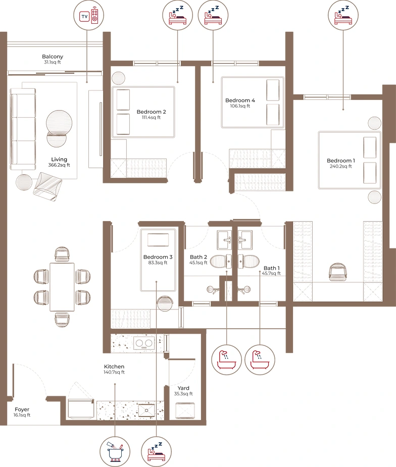 London Pavilion Type B1 - Furnished layout illustration
