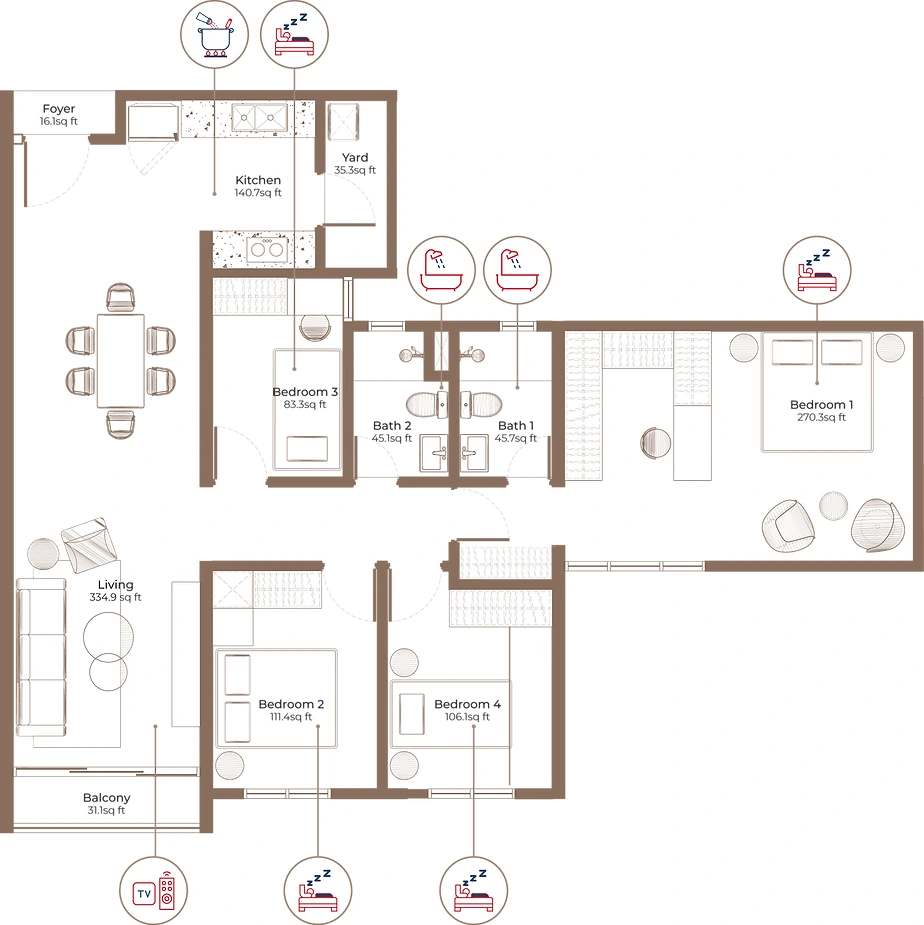 London Pavilion Type B2 - Furnished layout illustration