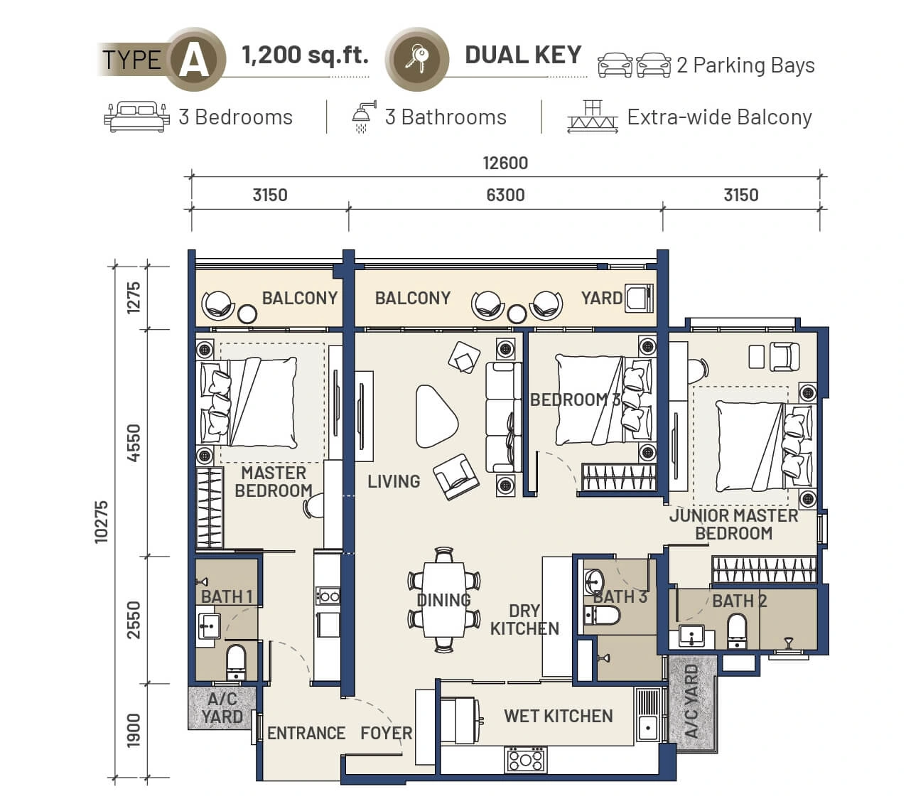 Lucerne Residence Type A - 1200 sqft - Dual key