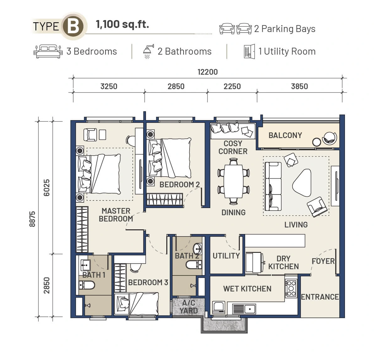 Lucerne Residence Type B - 1100 sqft