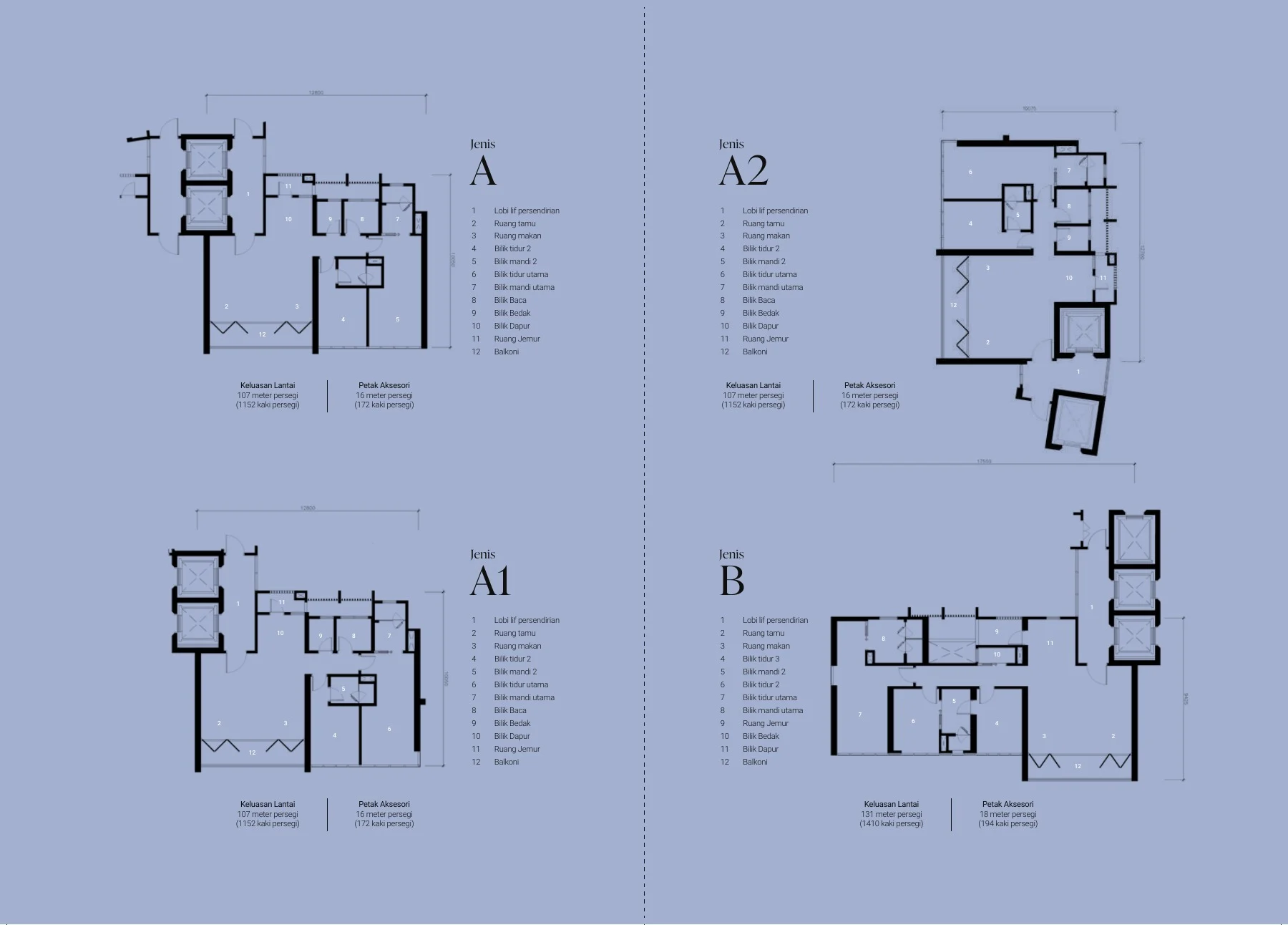 LIGHTWATER RESIDENCES Jenis A / Jenis A2 / Jenis A1 / Jenis B floor plan page